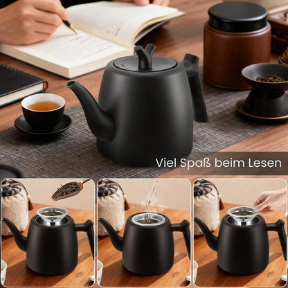 Schwarze Teekanne 2L Edelstahl mit Teesieb & Isolierung