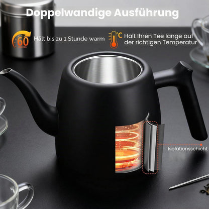 Schwarze Teekanne 2L Edelstahl mit Teesieb & Isolierung
