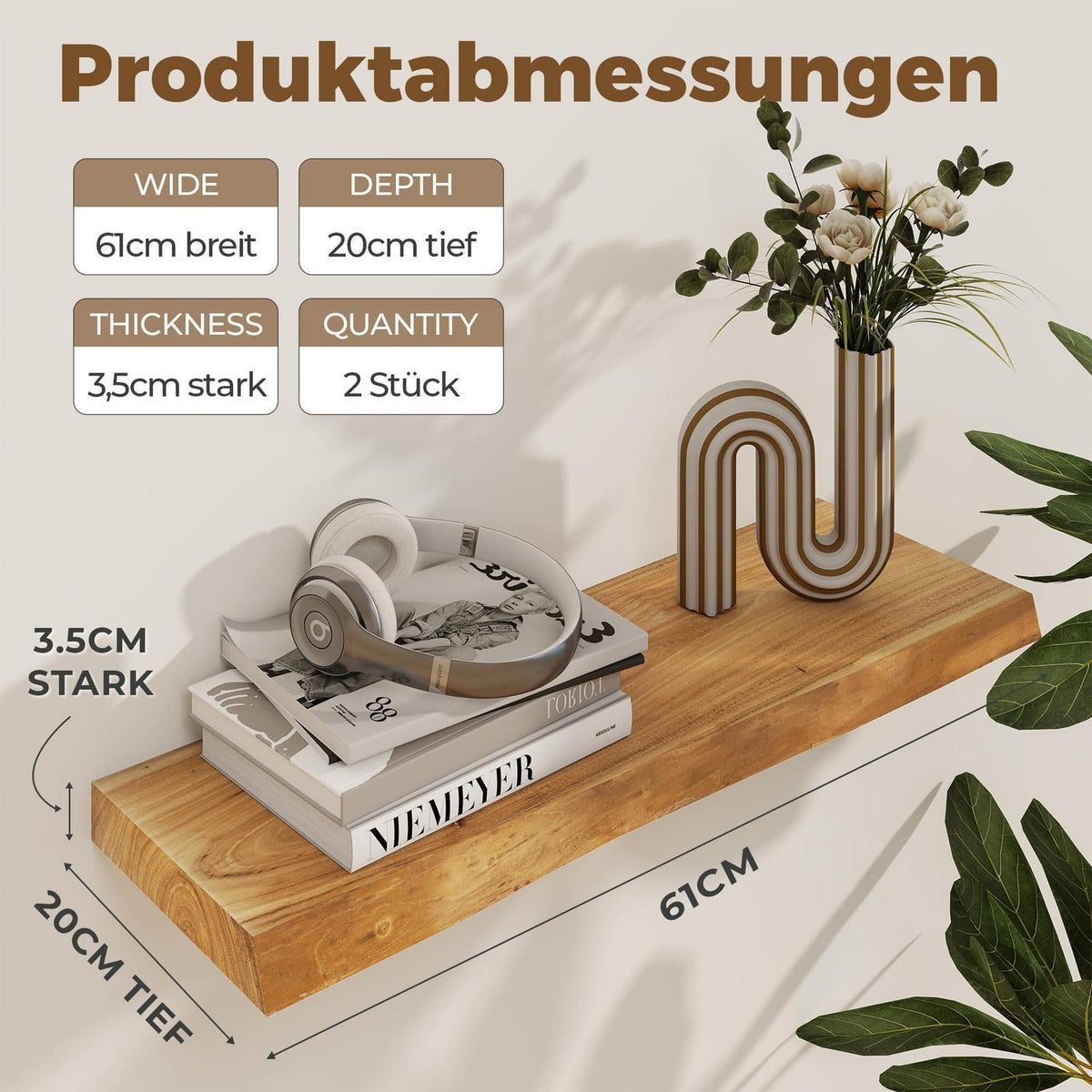 Schweberegal 2er Set mit Baumkante aus recyceltem Ulmenholz