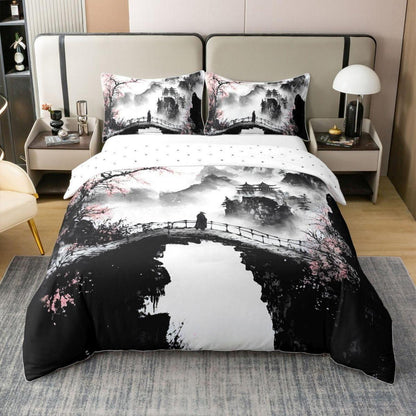 Tusche-Stil Bettwäsche-Set Japanische Kirschblüten 220x240