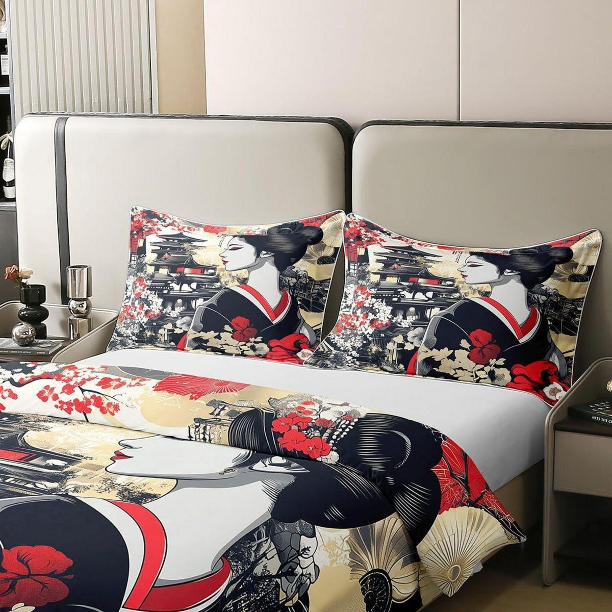 Japanisches Ukiyo-e Bettwäsche-Set 135x200 – Geisha, Blumen & Pagode