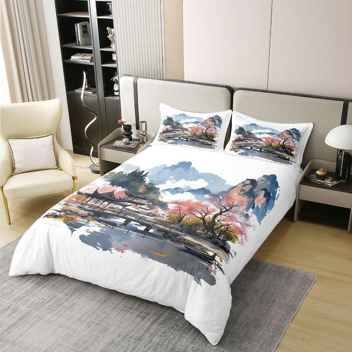 Chinesische Tuschemalerei Bettwäsche Set 220x240 Baumwolle