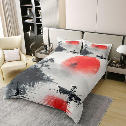 Japanisches Bettwäsche-Set Baumwolle 135x200 – Rote Sonne & Kiefer
