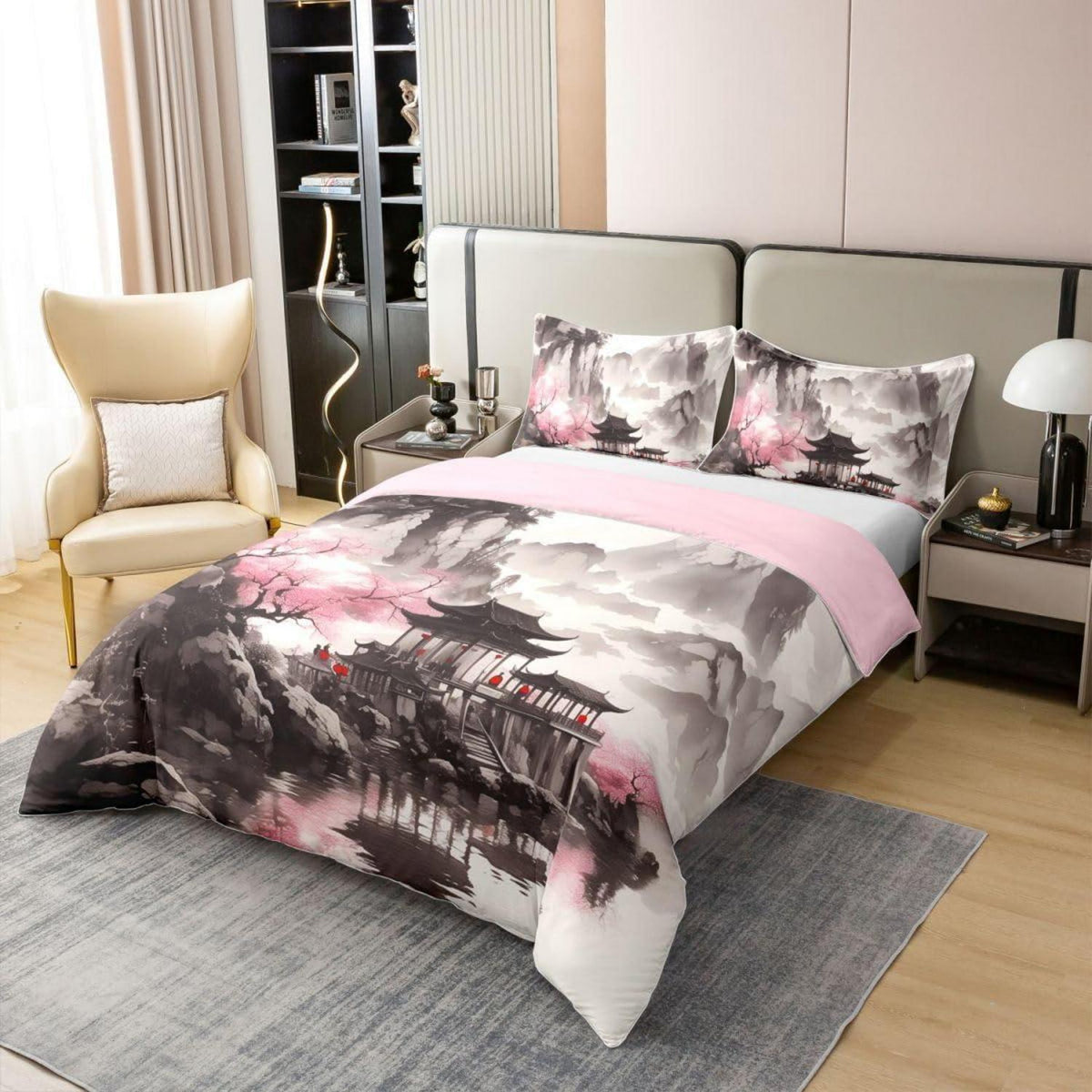 Chinesischer Stil Bettwäsche Set 220x240 Baumwolle Tusche Landschaft