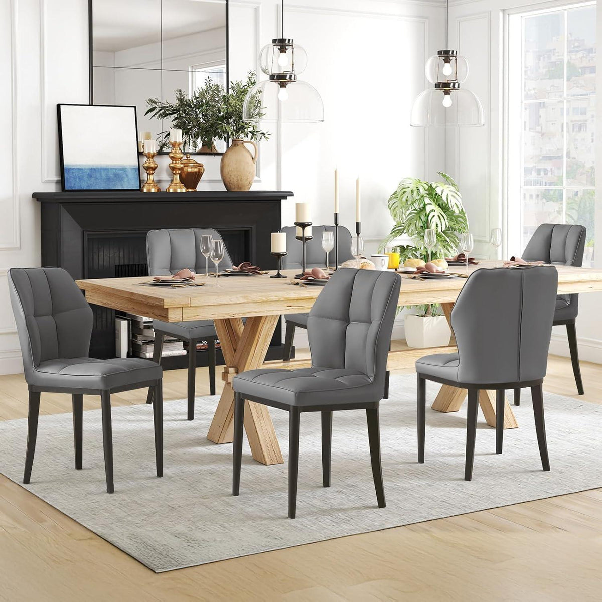 Esszimmerstühle 2er Set, Modernes mit Rautenmuster, Hellgrau in Lederoptik