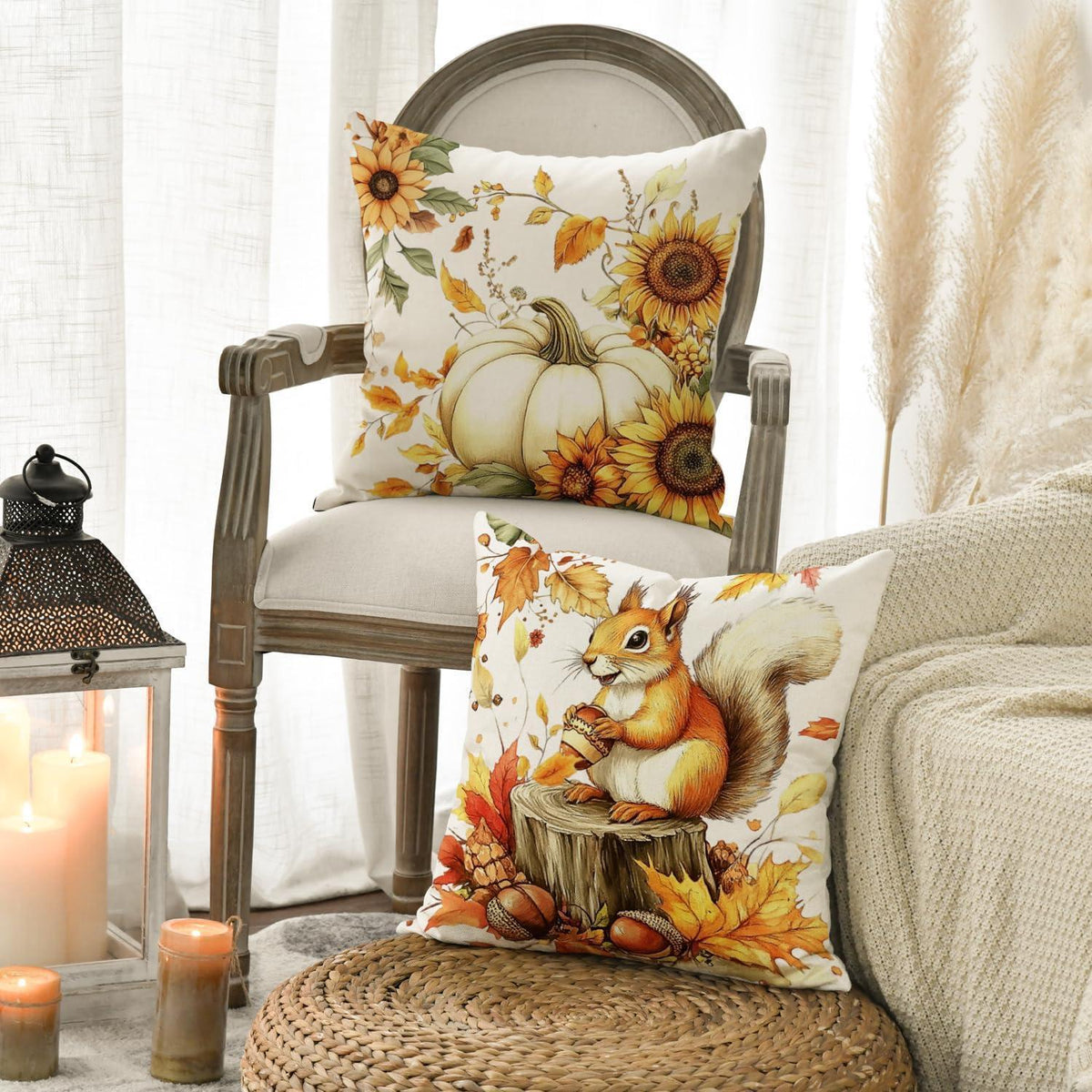 Herbst Kissenbezüge Eichhörnchen Kürbis 40x40 cm 4er Set Orange