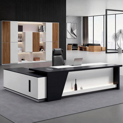 Moderner L-förmiger Schreibtisch mit Stauraum – Großer Bürotisch Schwarz-Weiß
