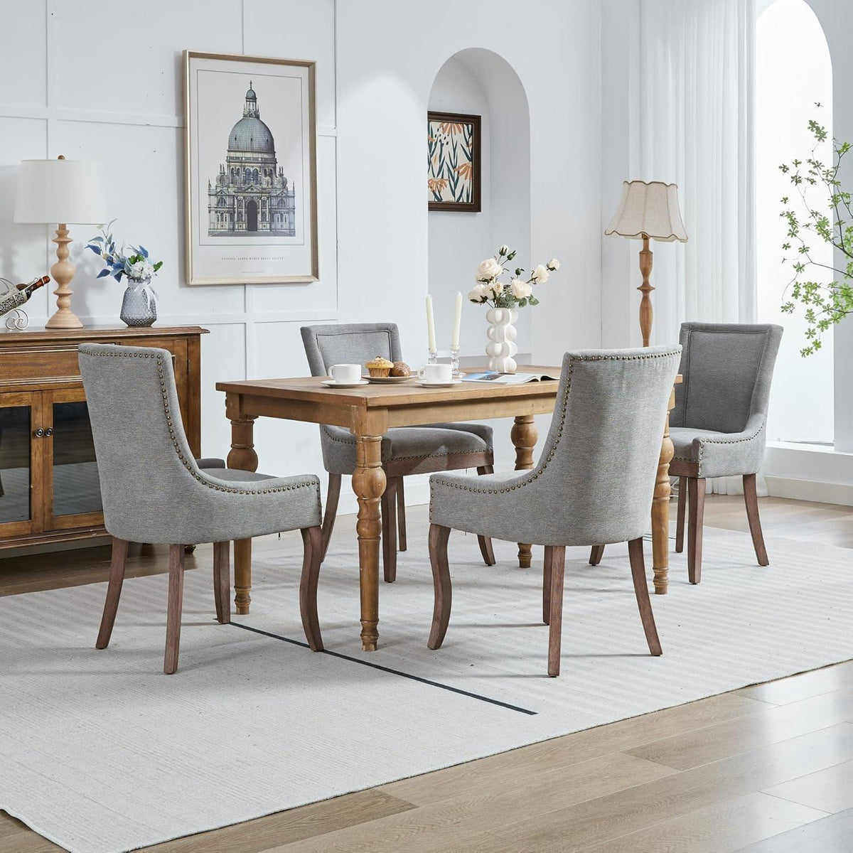 Esszimmerstühle Set 4 Grau – Gepolsterte Chenille Stühle mit Holzbeinen
