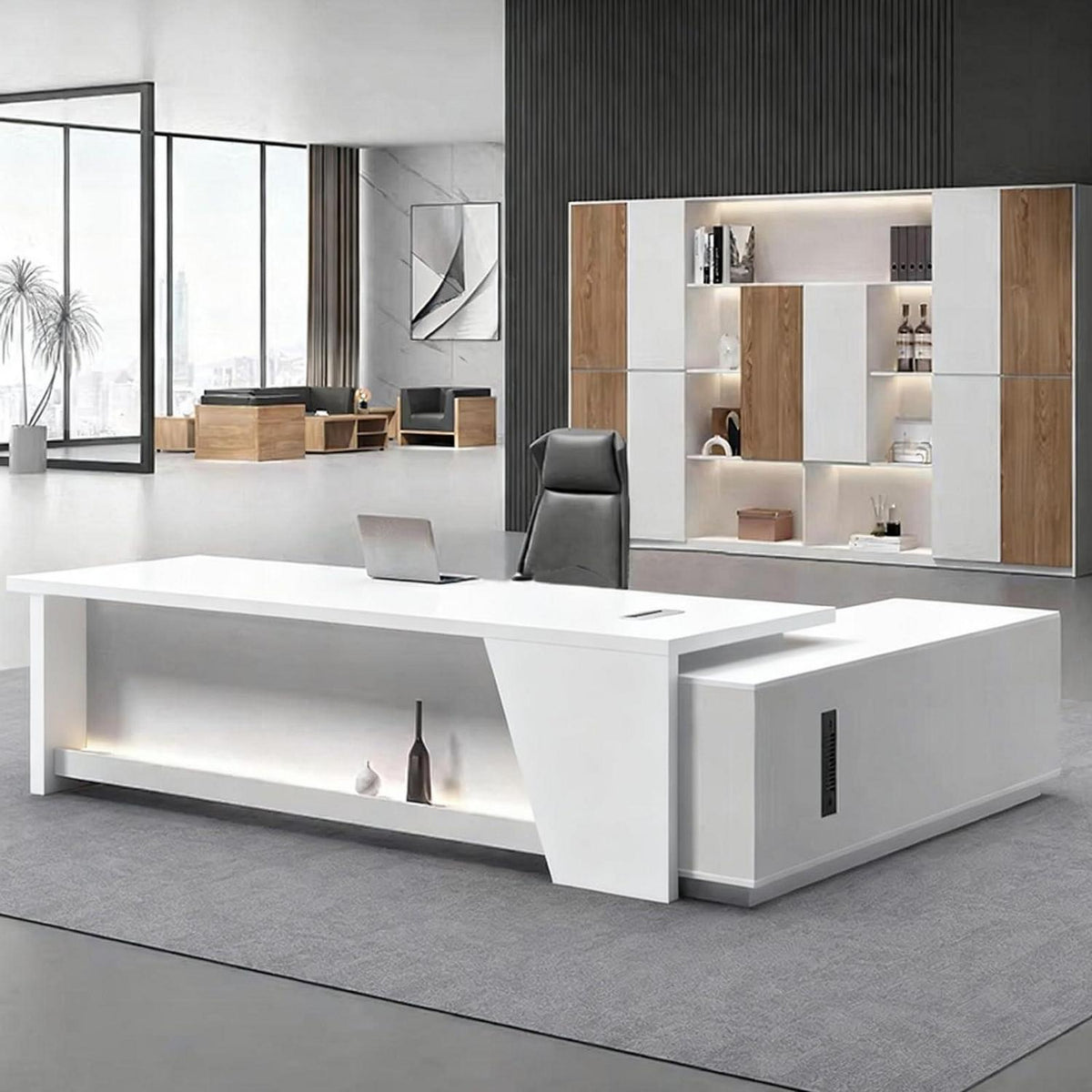 Moderner Schreibtisch mit Stauraum – L-förmiger Bürotisch Schwarz Weiß