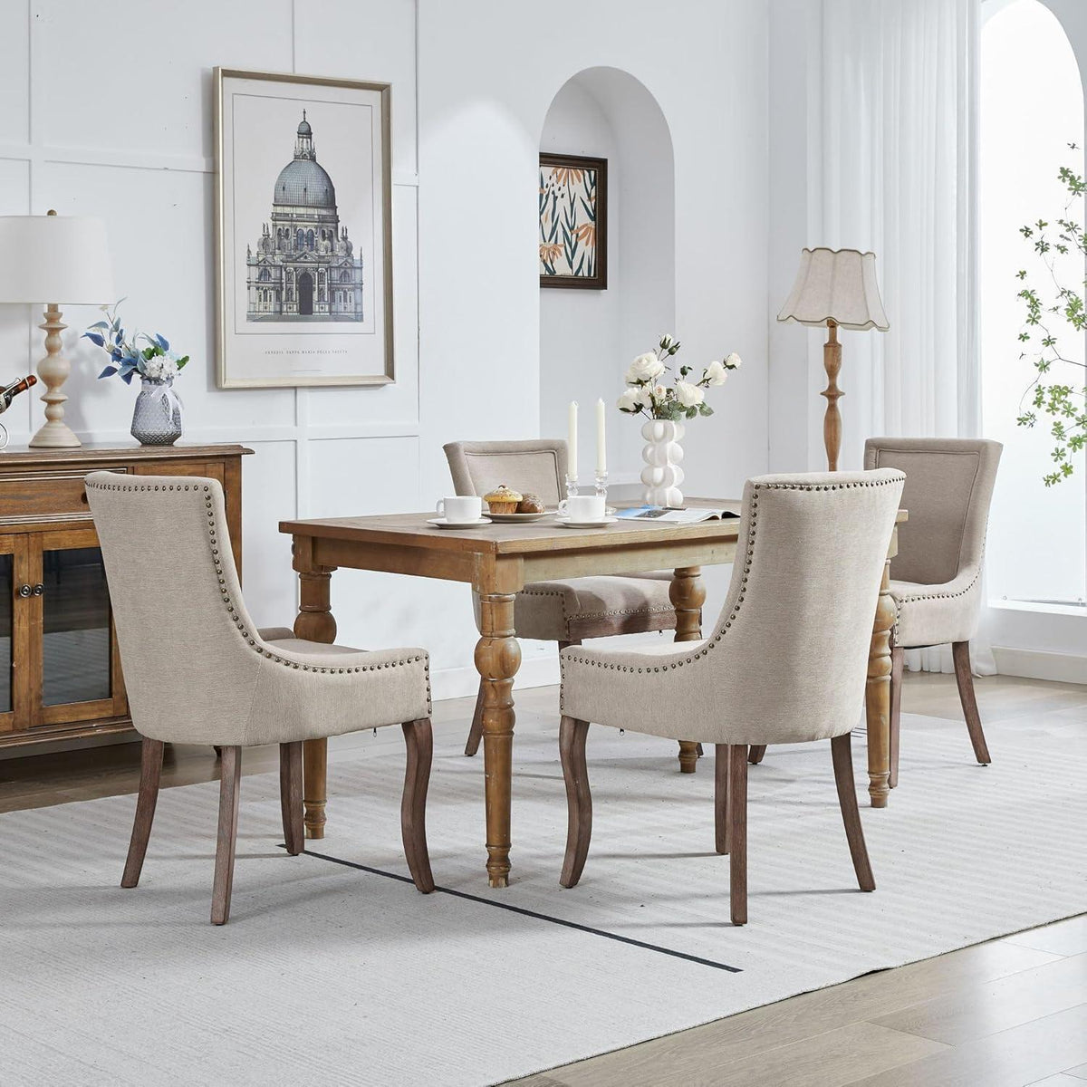 Esszimmerstühle 6er Set, Gepolsterte Chenille Stühle mit Holzbeinen