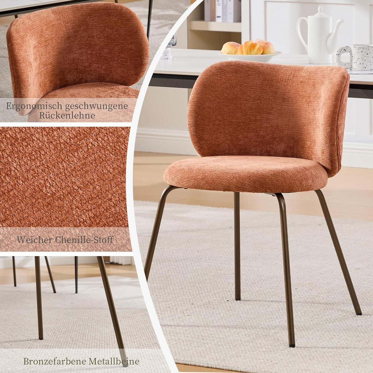 Moderner Esszimmerstuhl Chenille Stoff Orange, Bequem & Stabil