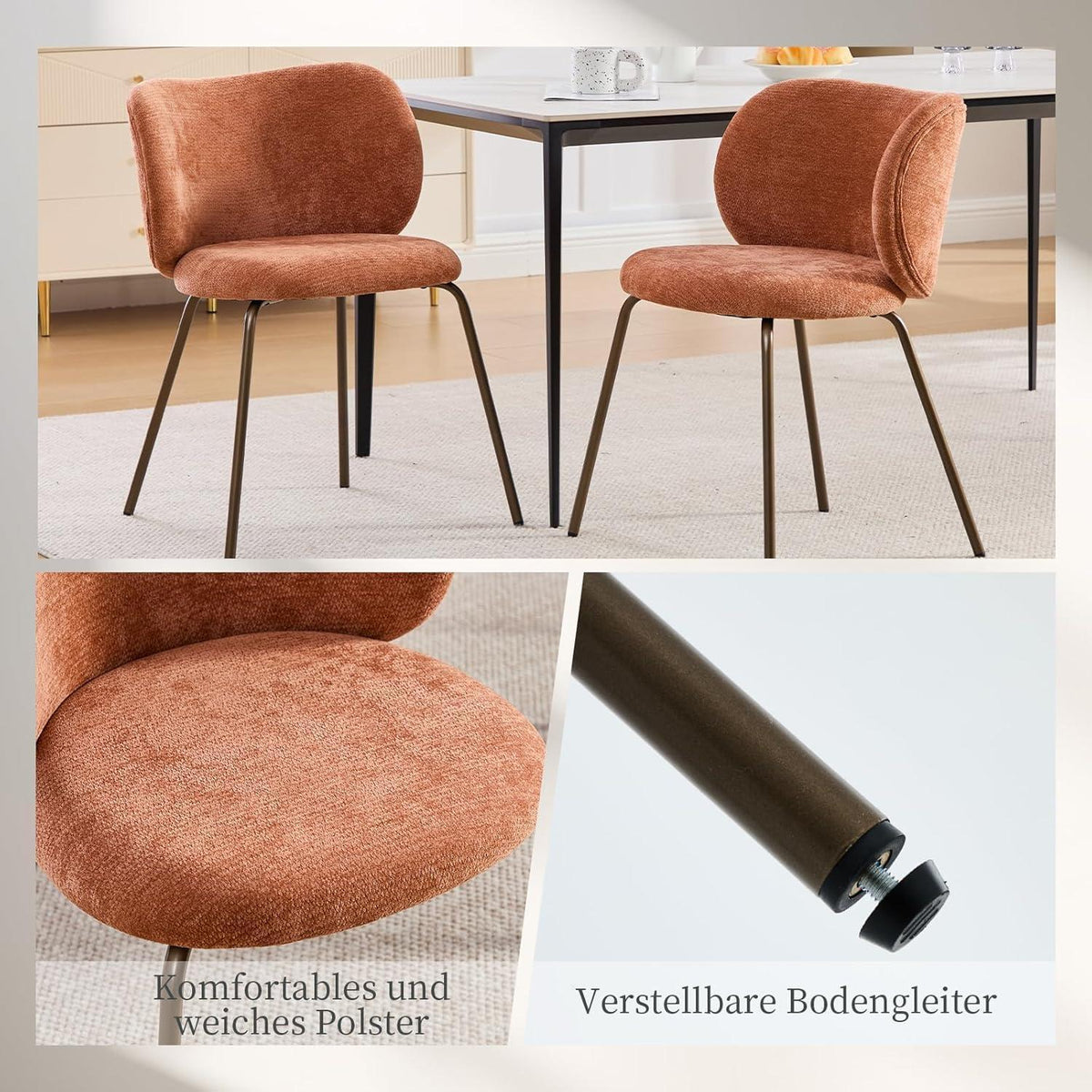 Moderner Esszimmerstuhl Chenille Stoff Orange, Bequem & Stabil