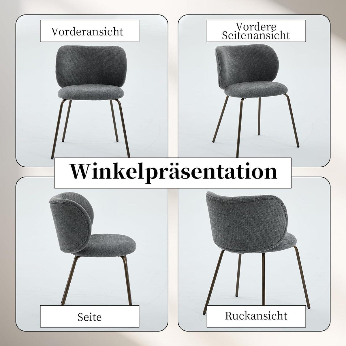Esszimmerstühle Set 6 Grau, Chenille & Metallbeine Modern