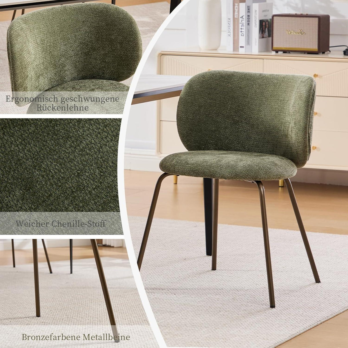 Moderner Esszimmerstuhl Chenille Stoff Olivgrün, bequemer Polsterstuhl