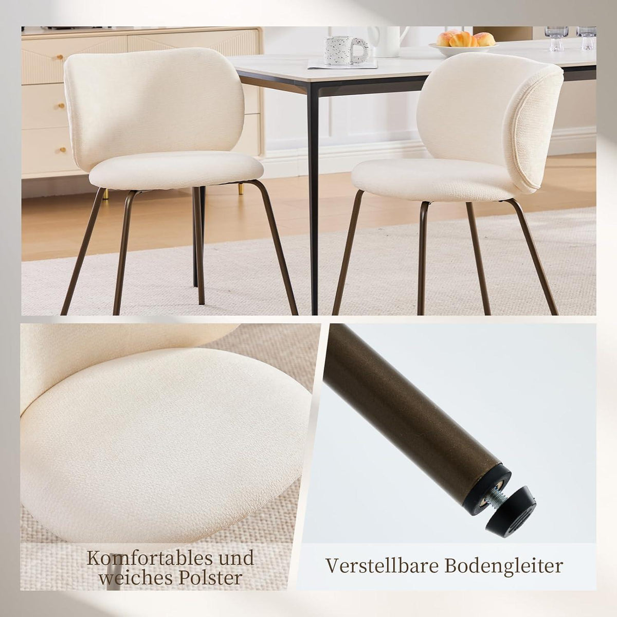 Moderner Esszimmerstuhl Chenille Creme Weiß – Bequemer Polsterstuhl