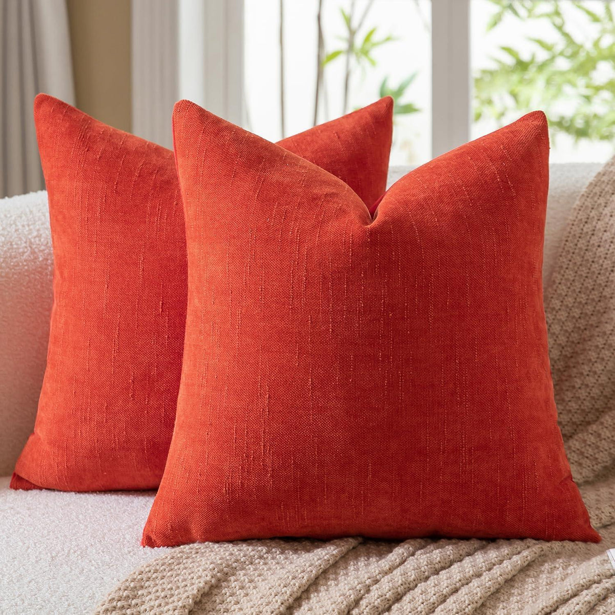 2 Kissenbezüge 55x55 cm Rot, Chenille Leinenoptik