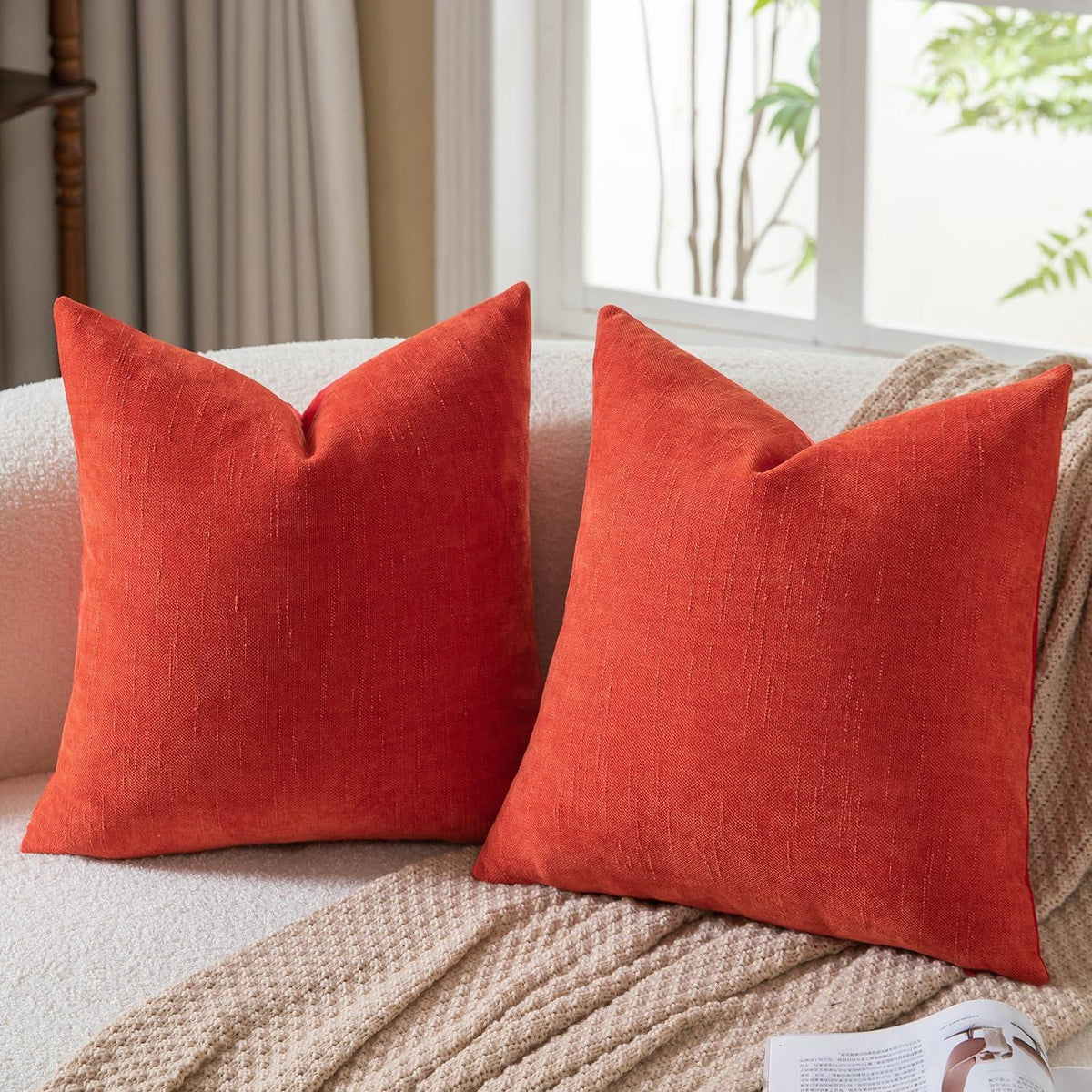2 Kissenbezüge 55x55 cm Rot, Chenille Leinenoptik