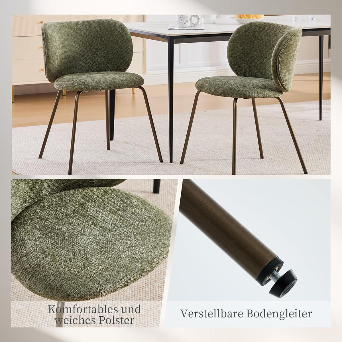 Esszimmerstühle 2er Set, Olivgrün, Chenille & Metallbeine