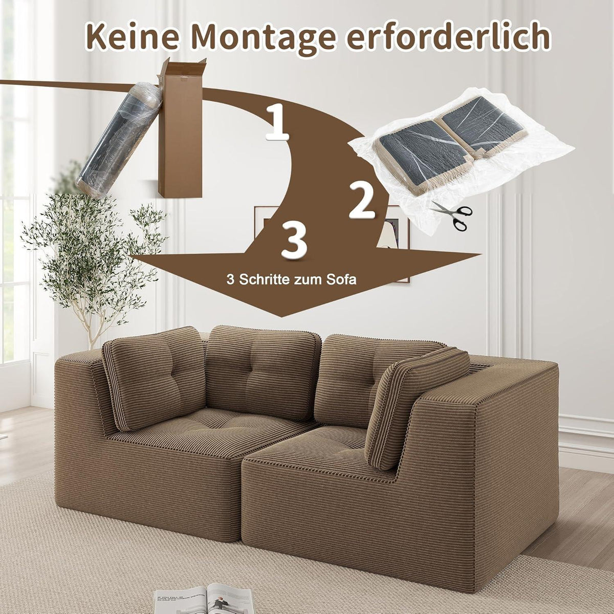 Modulares Ecksofa mit Cord – Bequemes Sofa ohne Aufbau Braun