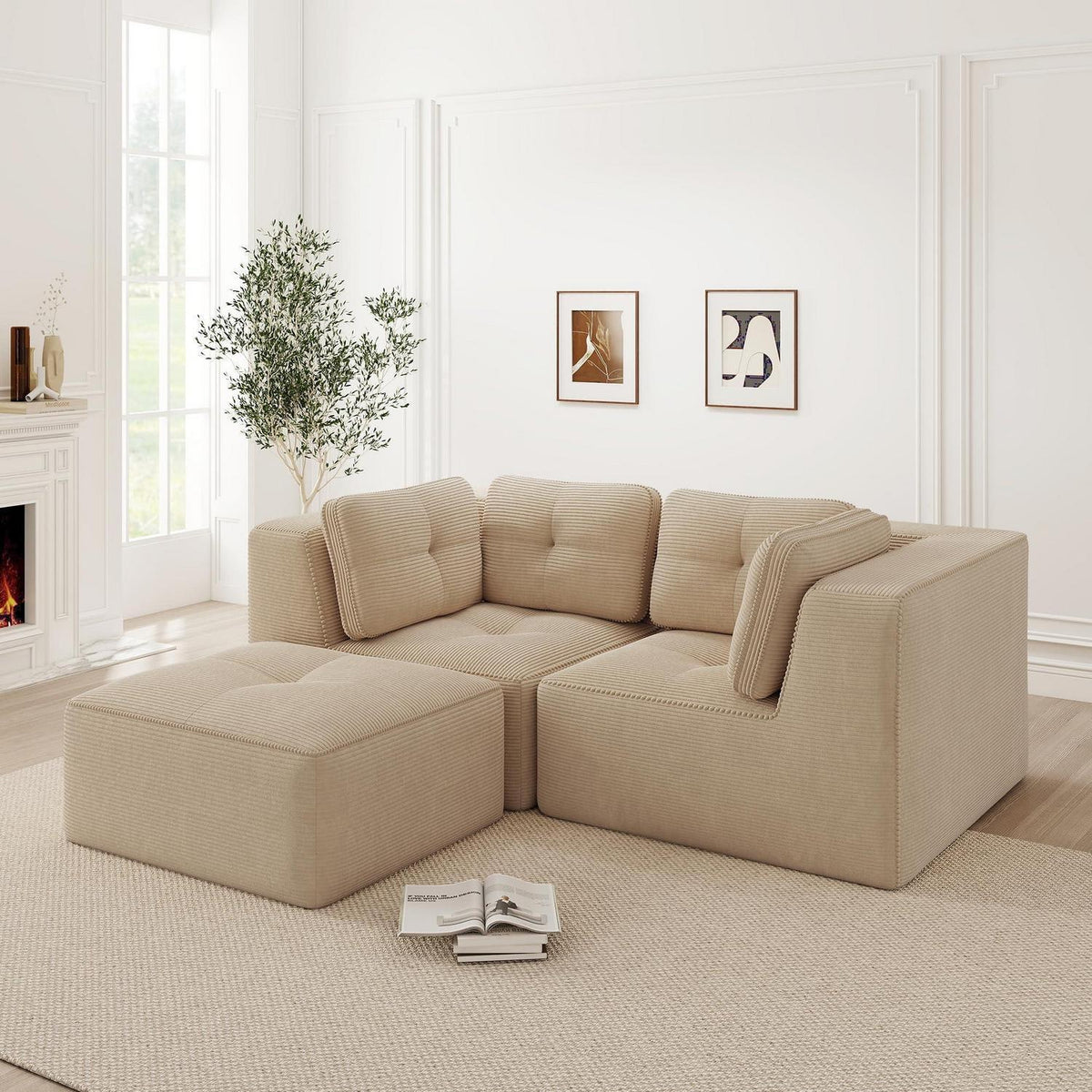 Modulares Ecksofa mit Ottoman – Kein Aufbau, Beige Cord Sofa