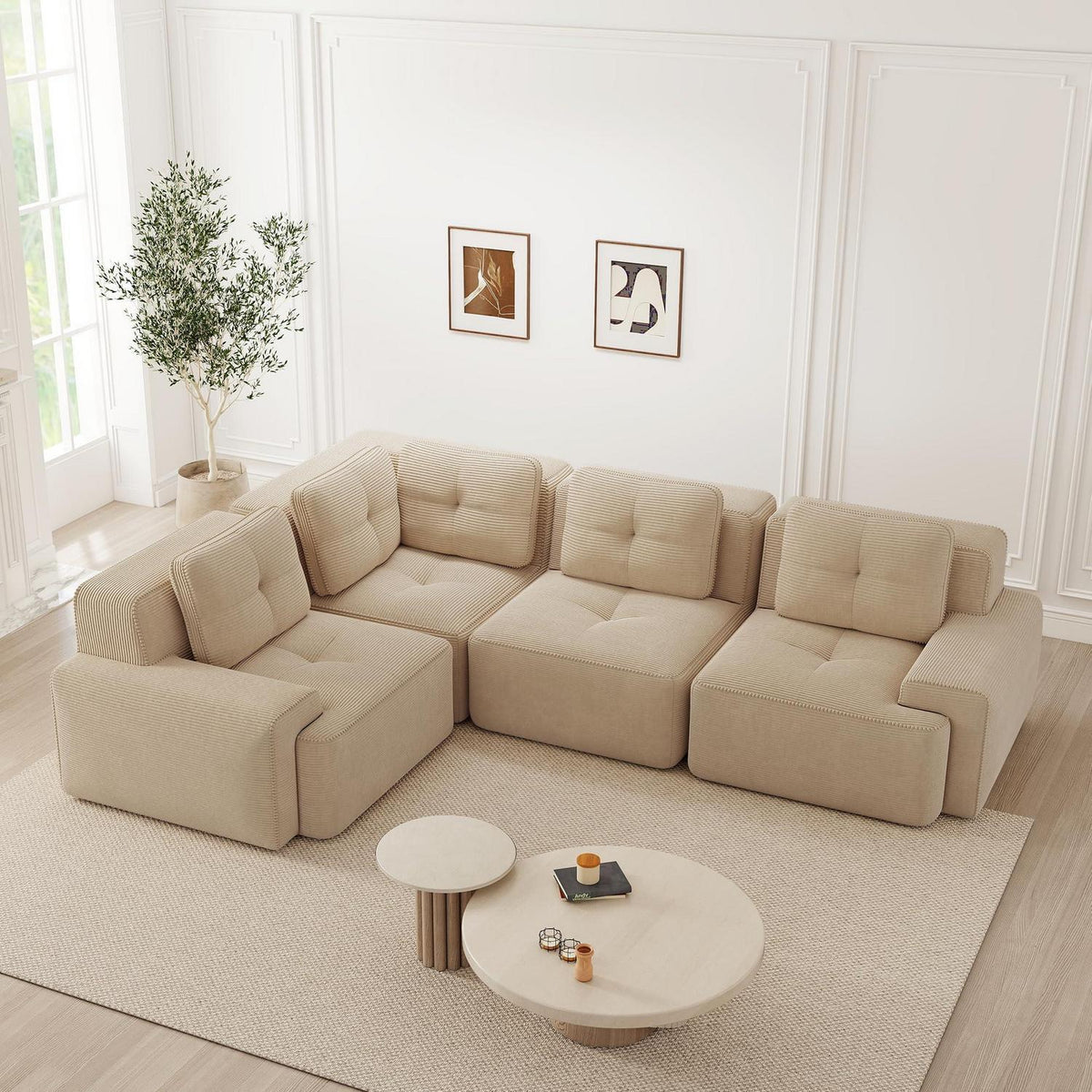 Modulares Ecksofa mit Cordbezug – Beige, Kein Aufbau nötig