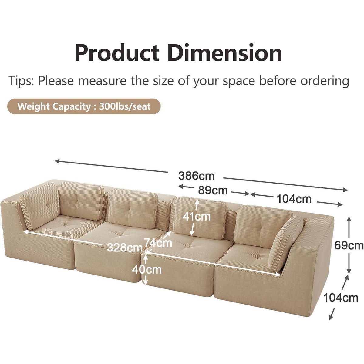 Modulares Ecksofa mit Cord – Bequemes Sofa ohne Aufbau, Beige