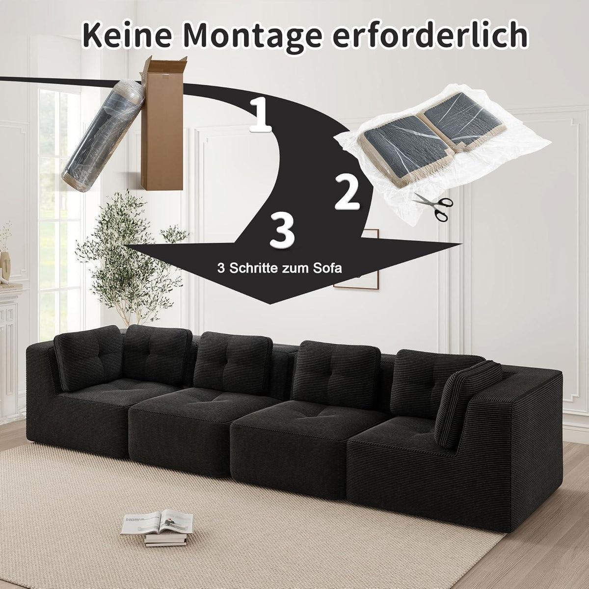 Modulares Ecksofa mit Cord – Tiefes Sitzsofa Schwarz 2C2S
