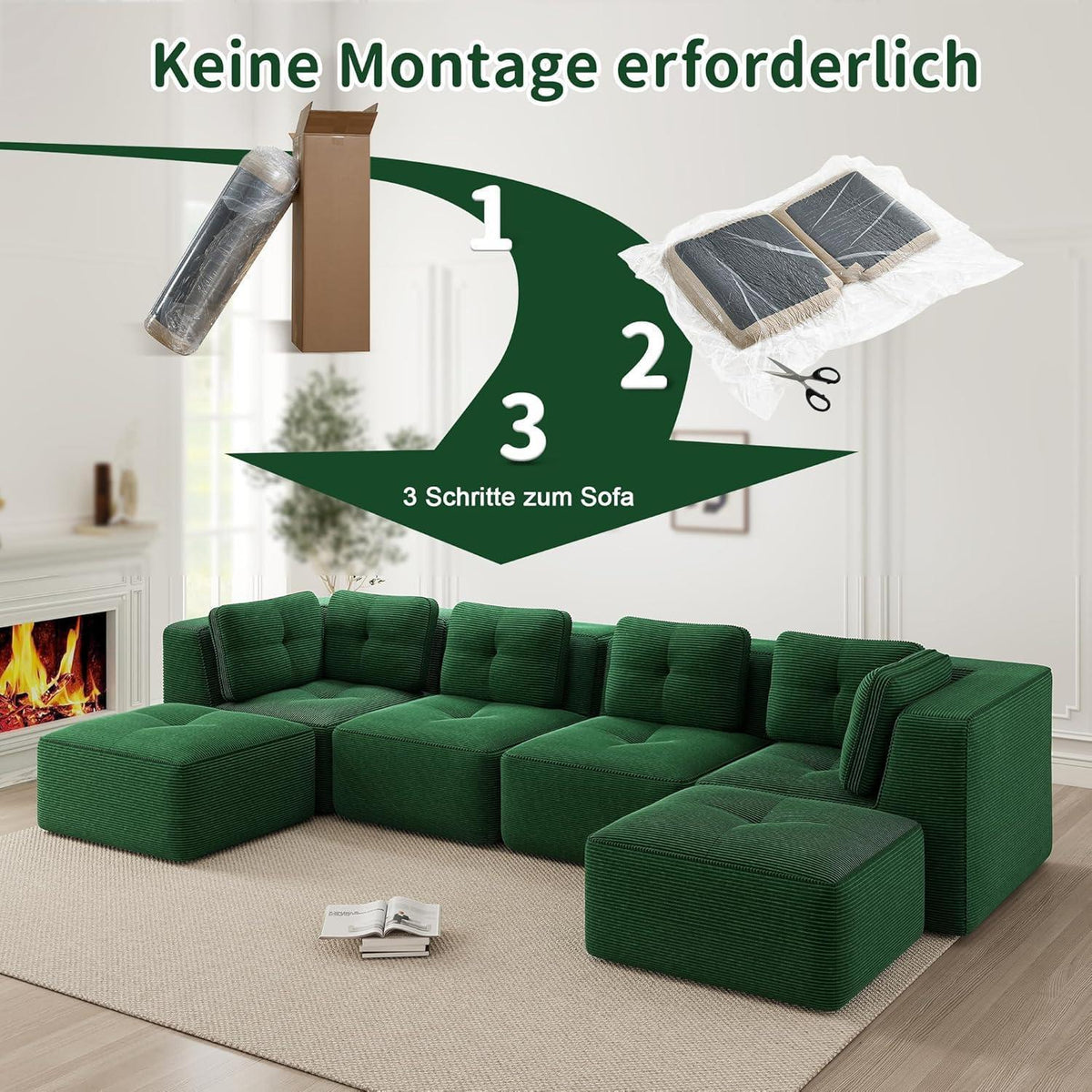 Modulares Ecksofa Grün – Kein Aufbau, Tiefe Sitzfläche & Cordstoff