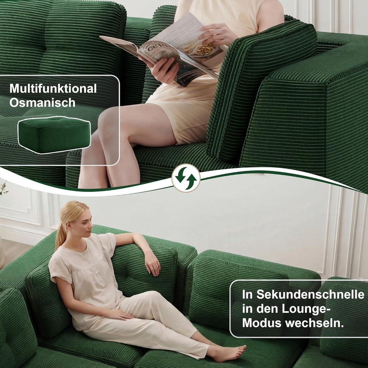 Modulares Ecksofa Grün – Kein Aufbau, Tiefe Sitzfläche & Cordstoff