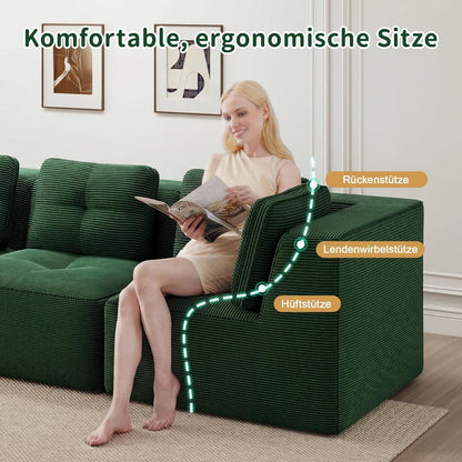 Modulares Ecksofa Grün – Kein Aufbau, Tiefe Sitzfläche & Cordstoff