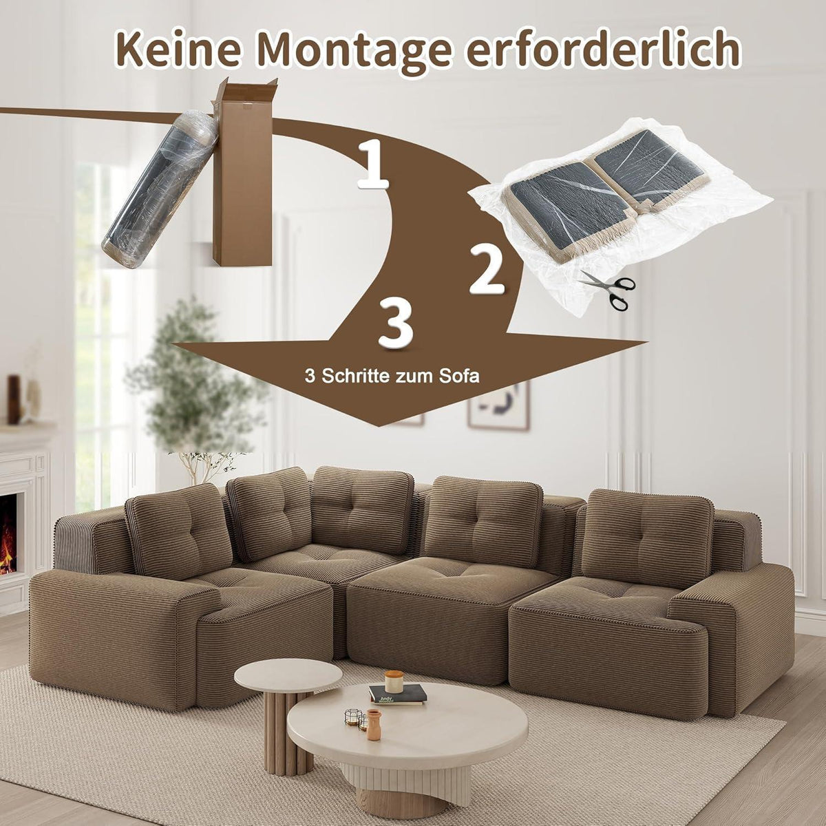 Modulares Ecksofa mit Cordbezug – Braun, Kein Aufbau nötig