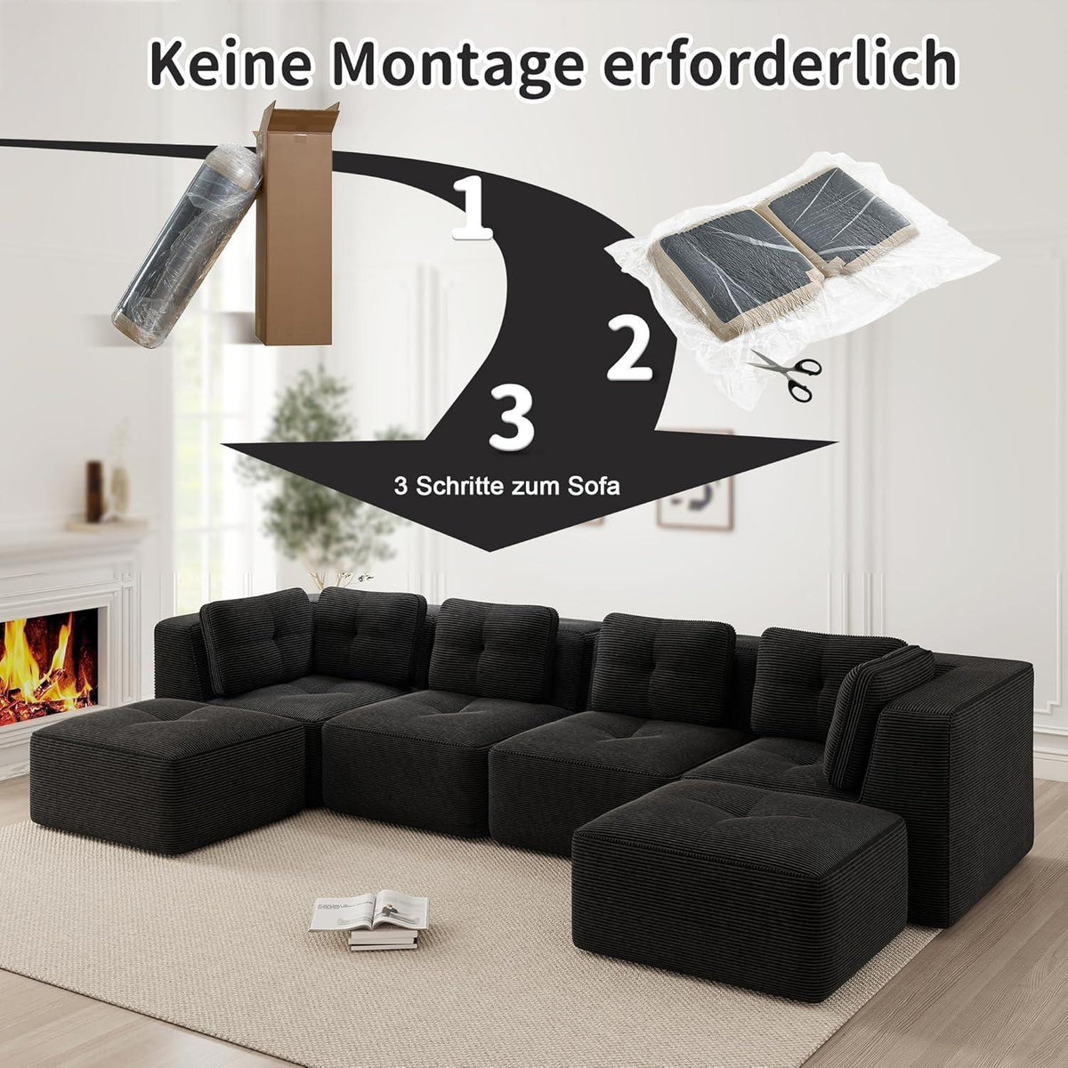 Modulares Ecksofa mit Cord – Tiefes Sitzsofa, Schwarz 2C2S+2O