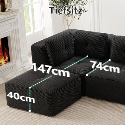 Modulares Ecksofa mit Cord – Tiefes Sitzsofa, Schwarz 2C2S+2O