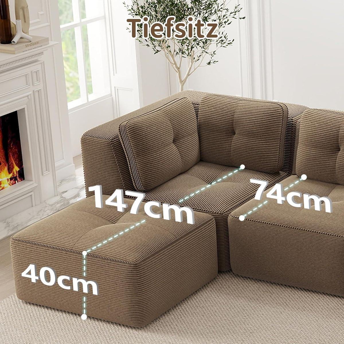 Modulares Ecksofa Cord Braun – Tiefes Sitzsofa, Kein Aufbau