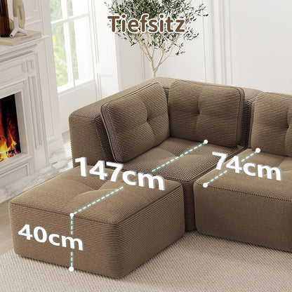 Modulares Ecksofa Cord Braun – Tiefes Sitzsofa, Kein Aufbau