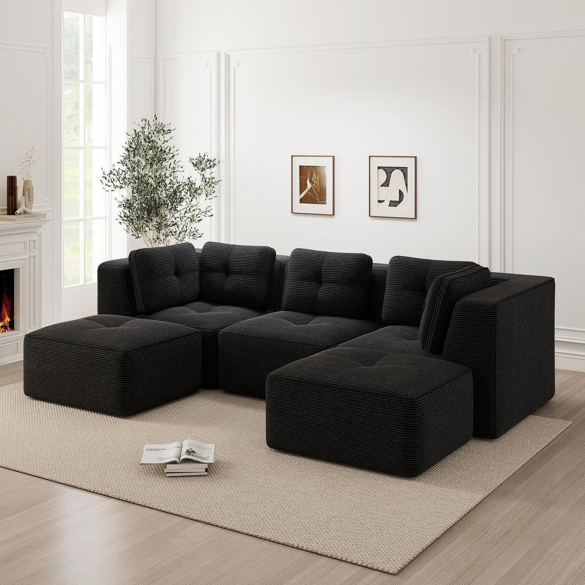 Modulares Ecksofa mit Cord – Tiefes Sitzsofa, Schwarz 2C1S+2O
