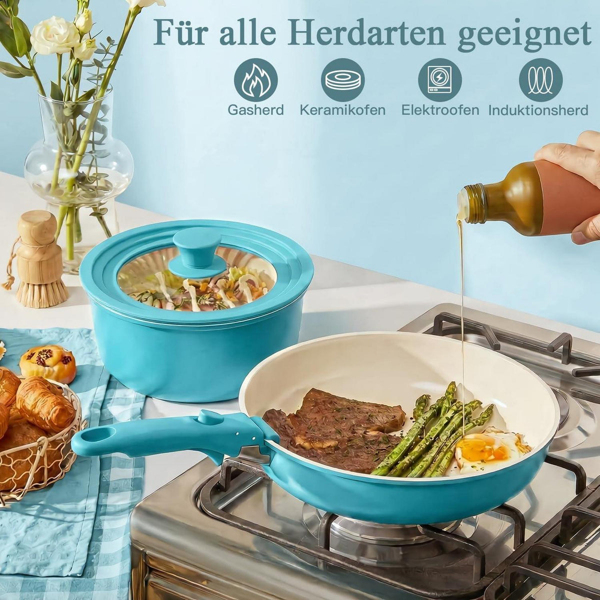 Granit Topfset 21-teilig mit Abnehmbarem Griff & Farbverlauf