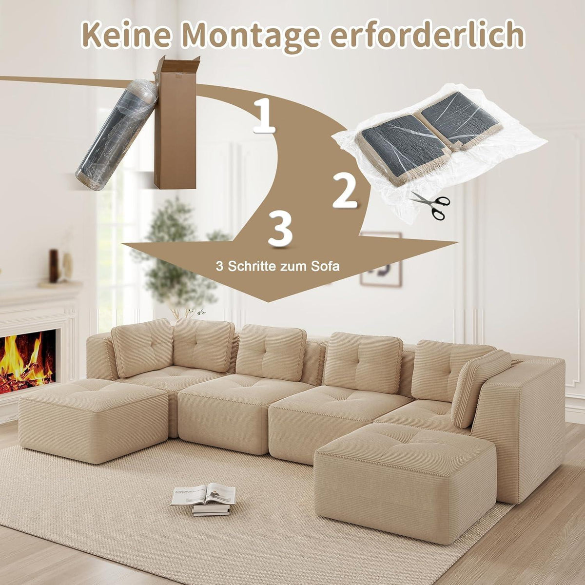 Modulares Ecksofa mit Cord – Bequemes Sofa ohne Aufbau, Beige