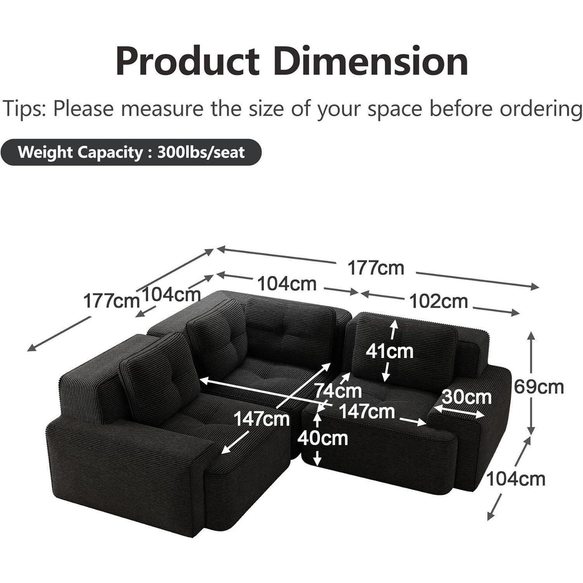 Modulares Ecksofa Cord Schwarz – Kein Aufbau, Tiefes Sitzgefühl