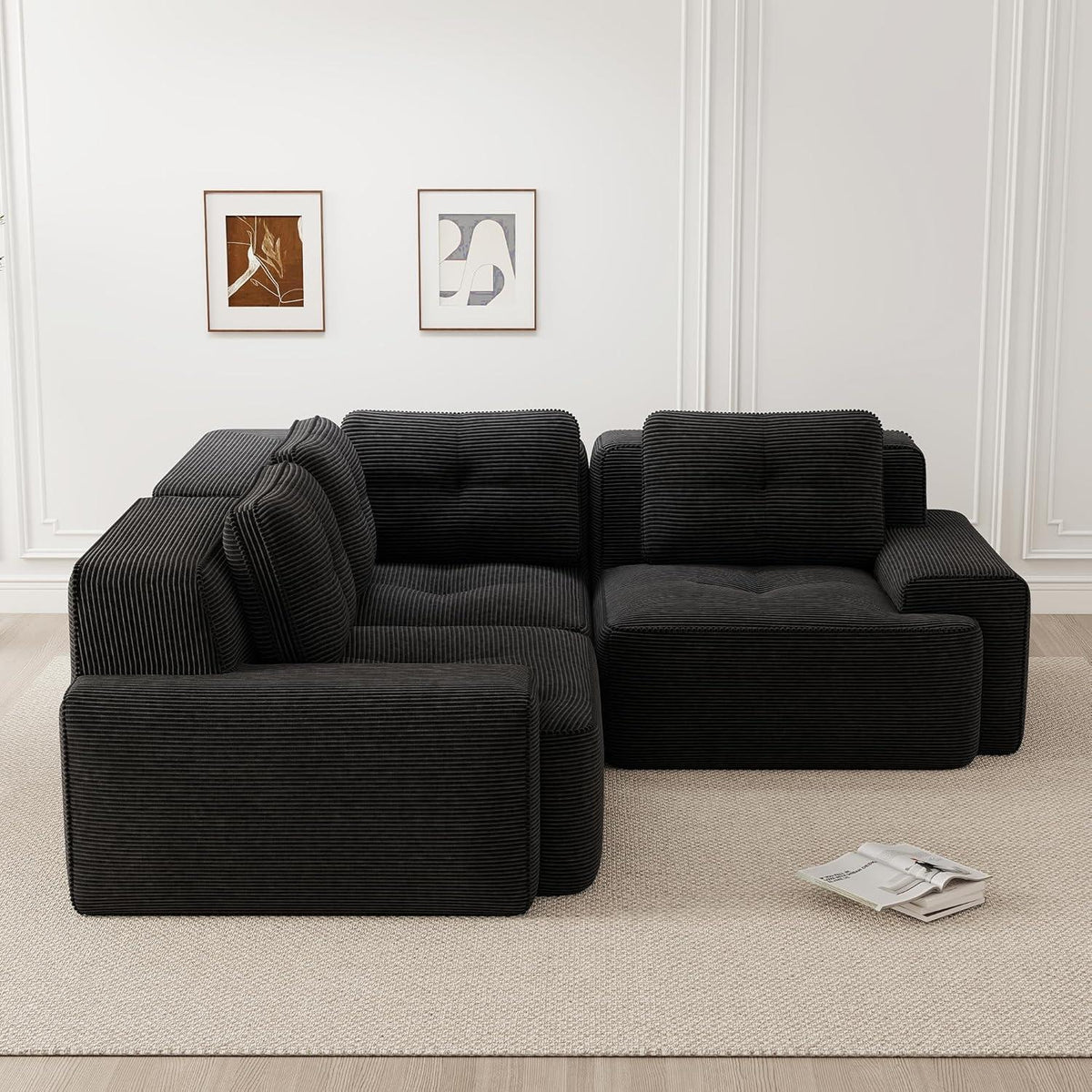 Modulares Ecksofa Cord Schwarz – Kein Aufbau, Tiefes Sitzgefühl