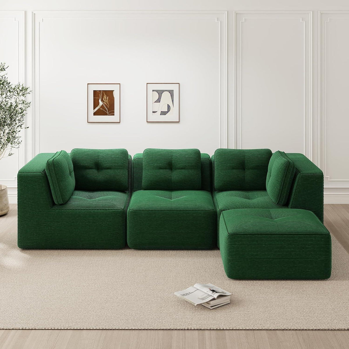 Modulares Ecksofa Grün – Kein Aufbau, Tiefes Cord-Sofa