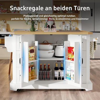 Mobile Kücheninsel Weiß – Ausziehbar mit 2 Türen & 6 Schubladen