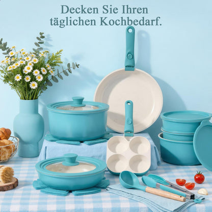 Granit Topfset 21-teilig mit Abnehmbarem Griff – Blauer Farbverlauf
