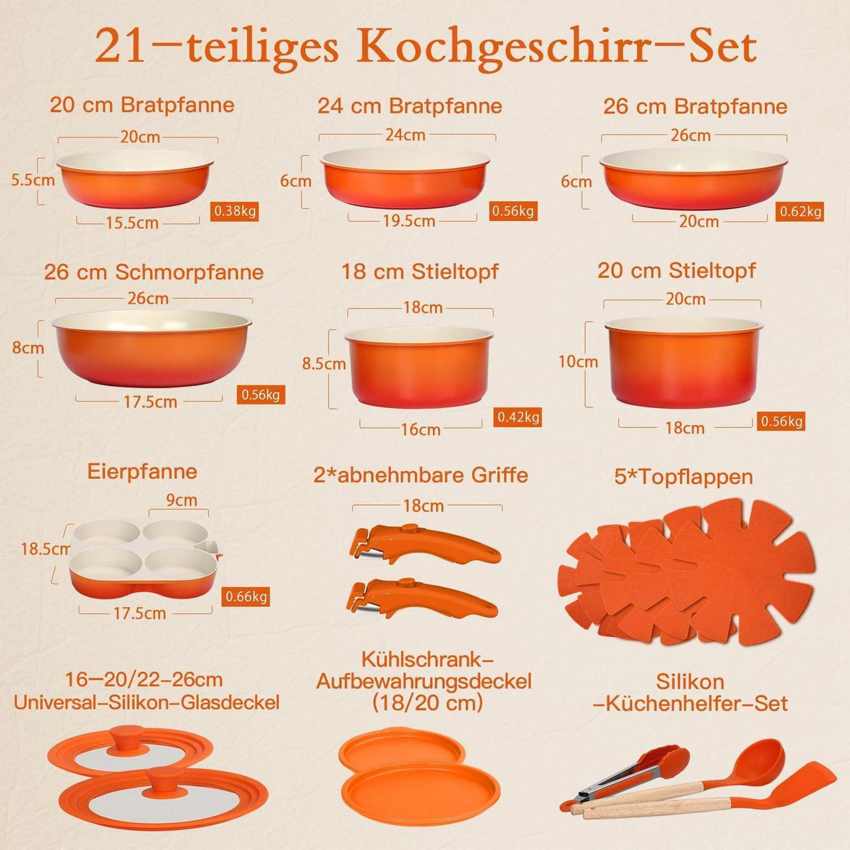Granit Topfset 21-teilig mit Abnehmbarem Griff & Farbverlauf