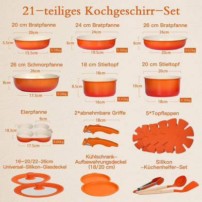 Granit Topfset 21-teilig mit Abnehmbarem Griff & Farbverlauf