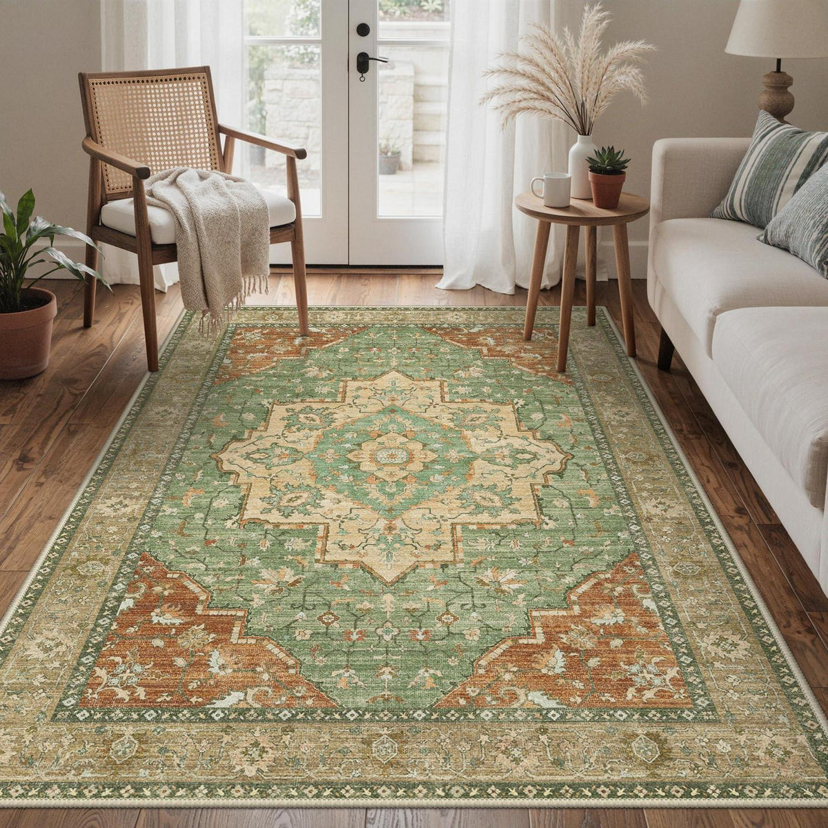 Vintage Teppich 200x290cm Rotgrün – Waschbar & Rutschfest
