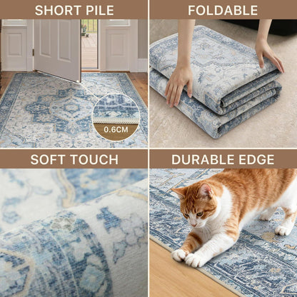 Vintage Läufer Flur 80x150cm Hellblau – Waschbarer Teppich