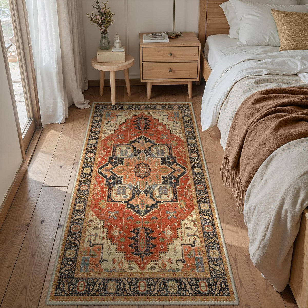 Vintage Läufer Rot 80x150cm - Waschbarer Teppich für Flur & Wohnzimmer