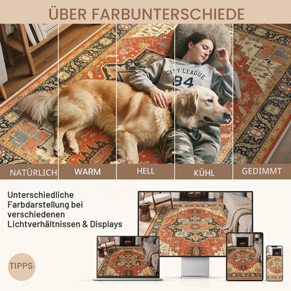 Vintage Läufer Rot 80x150cm - Waschbarer Teppich für Flur & Wohnzimmer