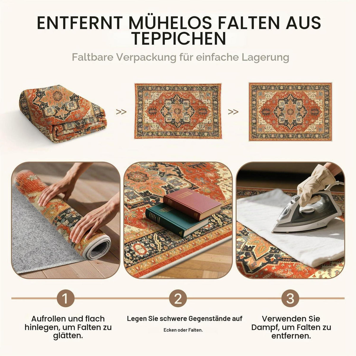 Vintage Läufer Rot 80x150cm - Waschbarer Teppich für Flur & Wohnzimmer